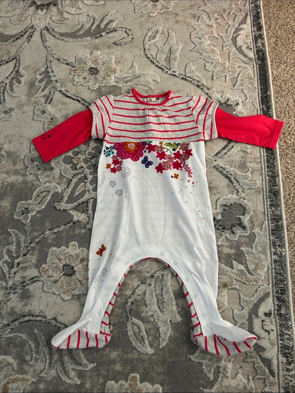 NWT Catimini Pink and White Floral Stripe Baby One-Piece